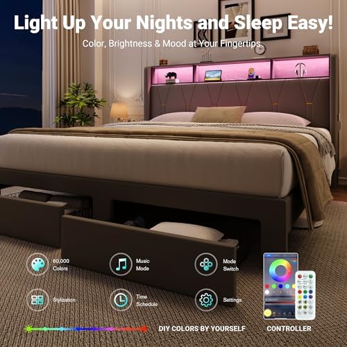 Allewie King Bed Frame with 2-Tier Storage Headboard, Charging Station & LED - Image 4