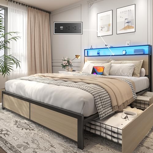 Lifezone Queen Bed Frame with 2-Tier Storage Headboard, Metal Platform Bed by Lifezone