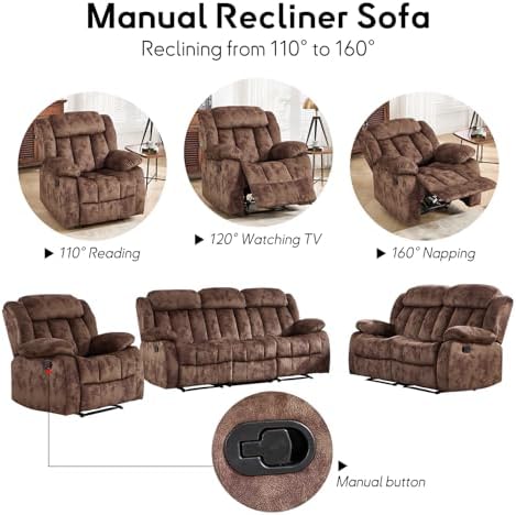 EBELLO Manual Reclining Sofa Set, Classic Recliner Sofa - Image 5