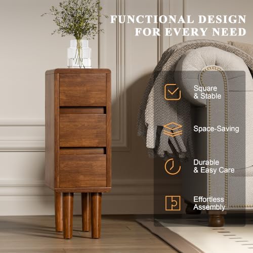 Narrow Nightstand with 3 Drawers Narrow Night Stand Solid Wood Bedside Table - Image 5