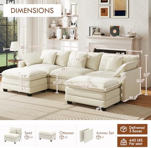 WorthFurni 111.4" Modular Sectional Sofa, U Shape Cloud Couch - Image 2