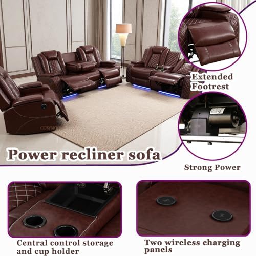 Power Recliner Sofa Set with LED, Breathing Leather Electric Reclining Couch - Image 3
