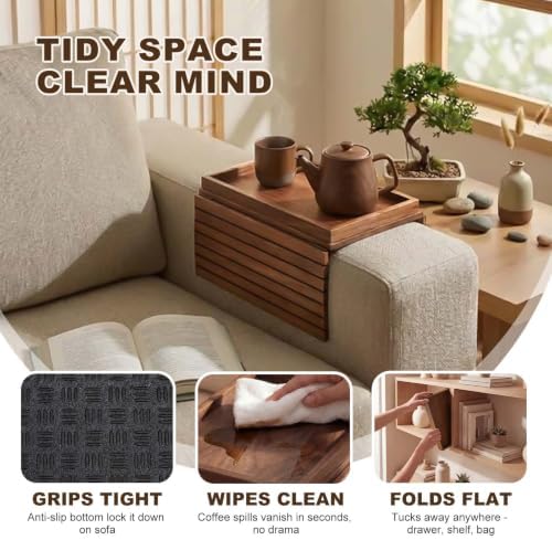 Sofa Arm Tray, Fits 6.5"+ Couch Armrest, Foldable Bamboo Large Storage Tray - Image 2