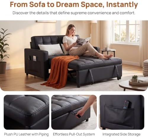 Leather Sleeper Sofa Bed with Adjustable Backrest & Pillows - Image 4