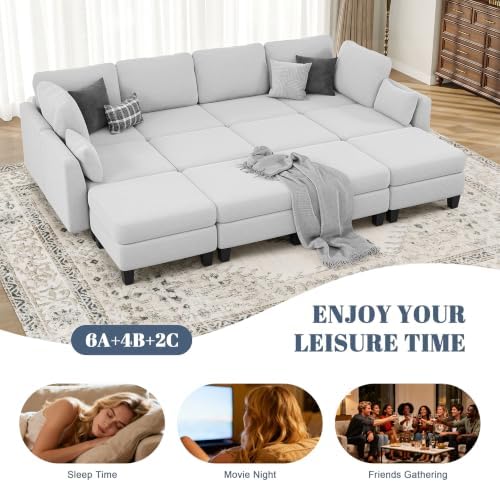 Sectional Sleeper Sofa, 8 Seaters Modular Sleeper Sofa Couch, Light Grey - Image 5