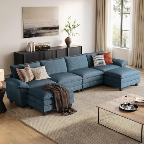 LINSY HOME 157'' Modular Sectional Sofa Blue Couch Corduroy Cloud Couches by LINSYHOME