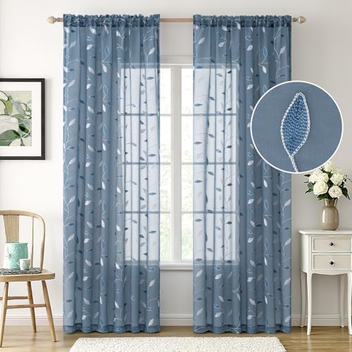 MIULEE Stone Blue Sheer Curtains 2 Panels Leaf Patterned, W52 x L84 - Image 2