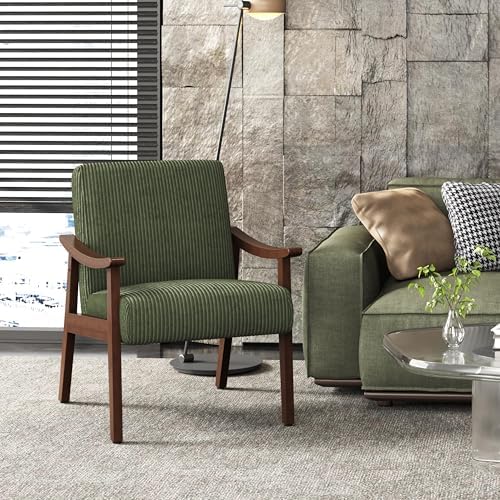 Yaheetech Accent Chairs, Mid-Century Corduroy Fabric Armchairs, Dark Green - Image 2