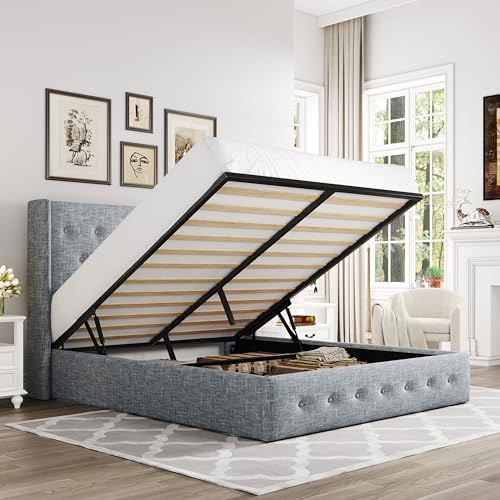 Allewie Queen Size Lift Up Storage Button-Tufted Bed Frame Blue Grey by Allewie