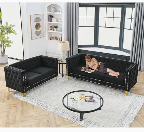 2 Piece 81" 3-Seater + 58" Loveseat Velvet Sofa Set, Buttons Tufted and Square by Unknown