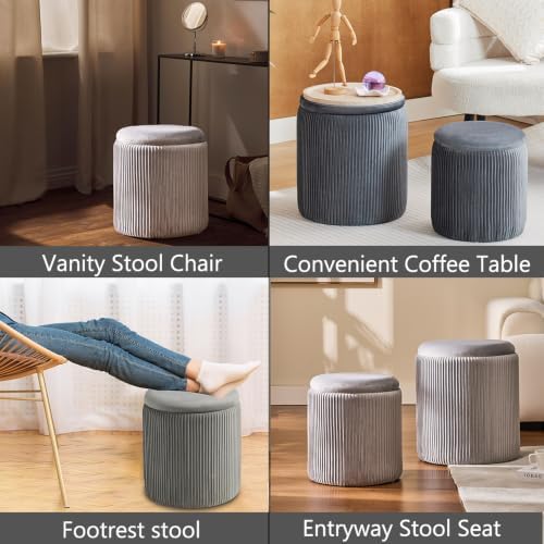 BLEXA Storage Ottoman Round, Velvet Vanity Stool, Light Grey - Image 4