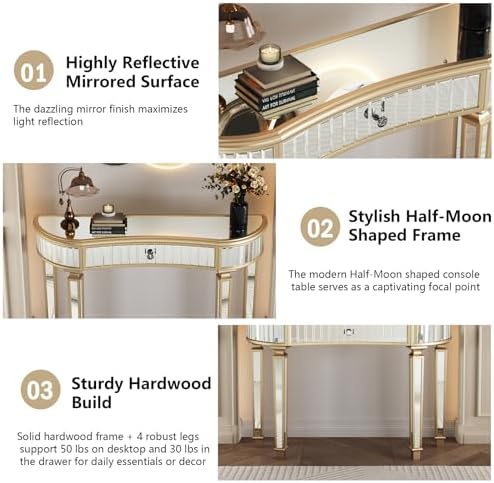Gold Mirrored Console Table, Modern Luxury Entryway Vanity Desk Mirrored - Image 4