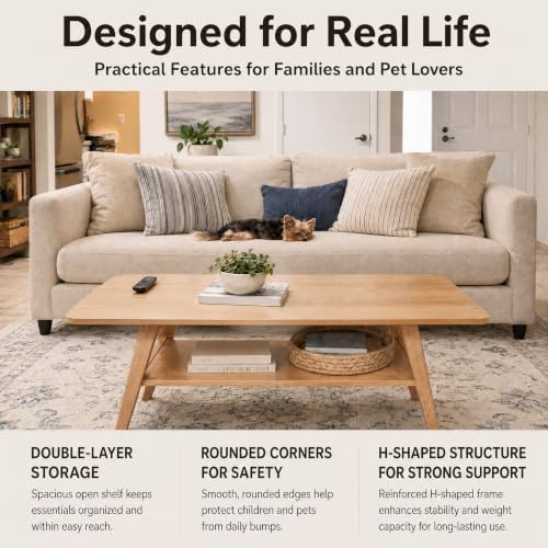 100% Solid Wood Coffee Table for Living Room, 39.37" Mid Century Modern Small - Image 4