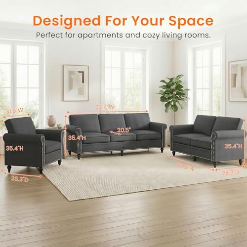 ijuicy 3 Pcs Sectional Sofa Set, Modern Linen Upholstered Couch-Dark Gray - Image 7
