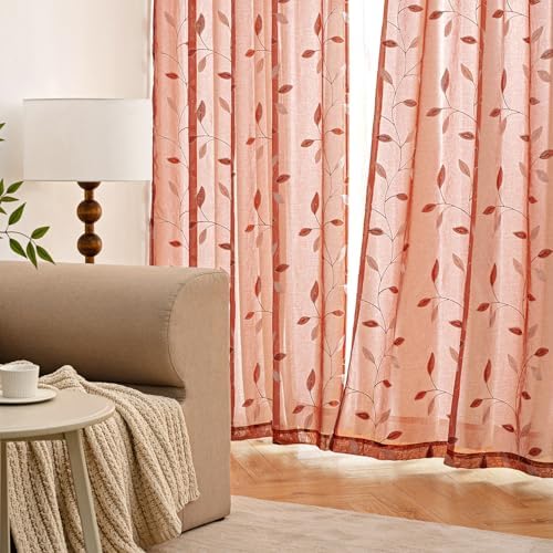MIULEE Terracotta Sheer Fall Curtains 2 Panels Leaf Patterned, W52 x L45 - Image 3