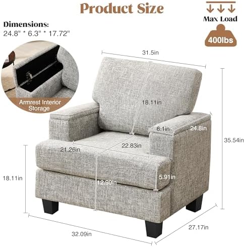 Accent Chair with Armrest Storage, Modern Upholstered Reading Living Room Chairs - Image 2