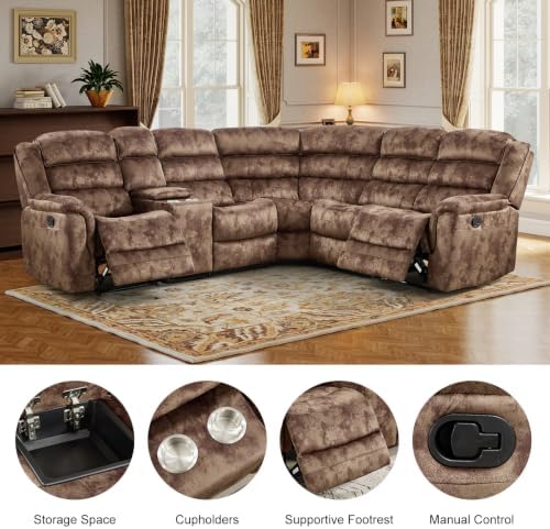EBELLO Manual Reclining L-Shaped Sectional Sofa Set, Soft Fabric Recliner - Image 4