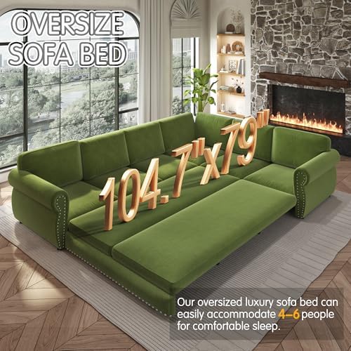 118" Chenille L-Shaped Pull-Out Chesterfield Sleeper Sofa, Grass Green - Image 6