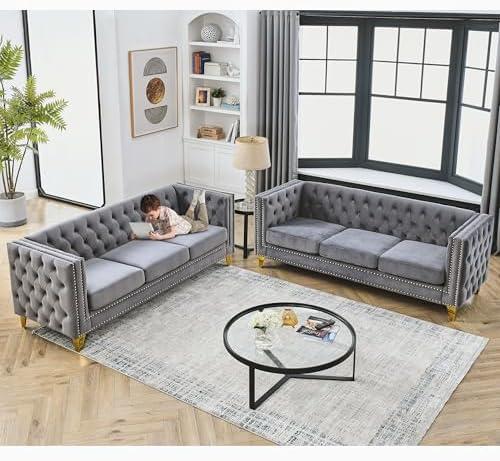 80.5" 2 Piece 3-Seater Velvet Chesterfield Sofa - Image 7