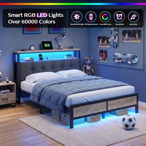 Homkdom Full Bed Frame with Upholstered Headboard & Charging Station - Image 5