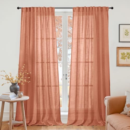 Burnt Orange Linen Semi Sheer Curtains 84 Inches Long by YoungsTex
