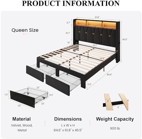 SHA CERLIN Queen Bed Frame, 2 Storage Drawers & 2-Tier Storage Headboard - Image 2