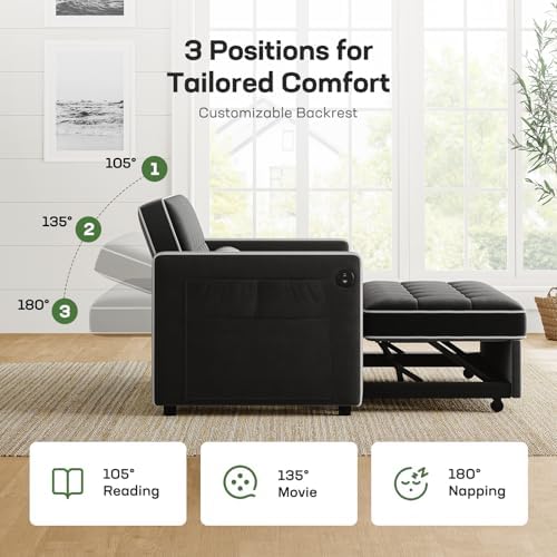 Marsail Futon Sleeper Sofa Bed, Convertible Pull Out Couch, Jet Black - Image 3