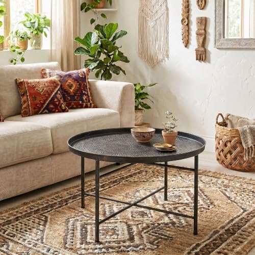 HOMCOM 24" Hammered Round Coffee Table Vintage Metal Side Table Pewter - Image 2