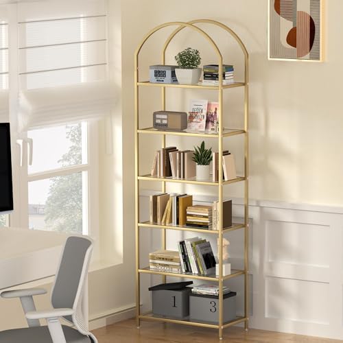 Homhedy 6-Tier Tall Gold Bookshelf, Arched Bookcase - Image 7