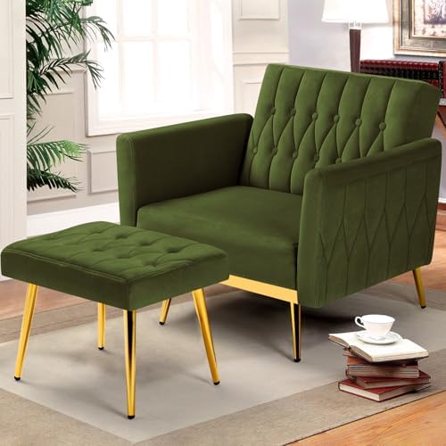 Velvet Accent Chair w/Ottoman & Adjustable Backrest, Olive Green - Image 2
