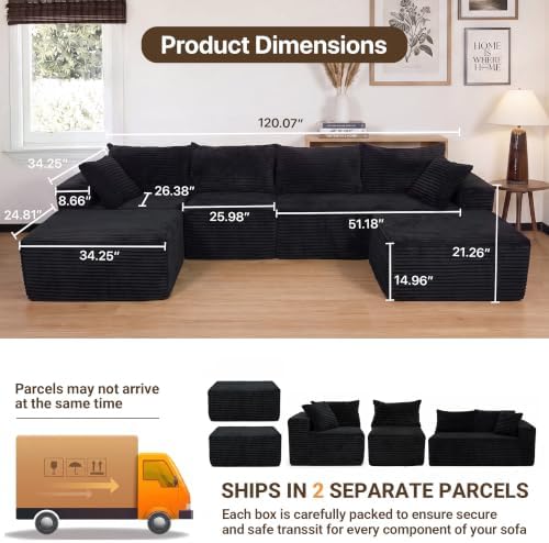 Claiks 120" Boneless Couch, U-Shape Corduroy Sectional Sofa - Image 2