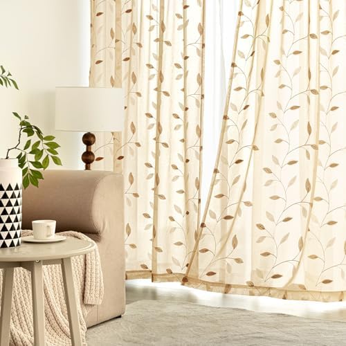MIULEE Khaki Sheer Curtains 2 Panels Embroidered Leaf Patterned, W52 x L45 - Image 3