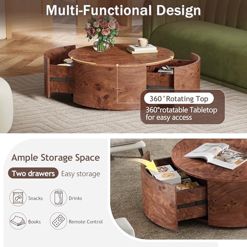 28.4" Coffee Table Round Wood Burl Wood Rotating - Image 5