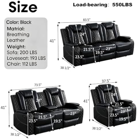 3-Piece Leather Power Recliner Sofa Set, Home Theater Seating - Image 2