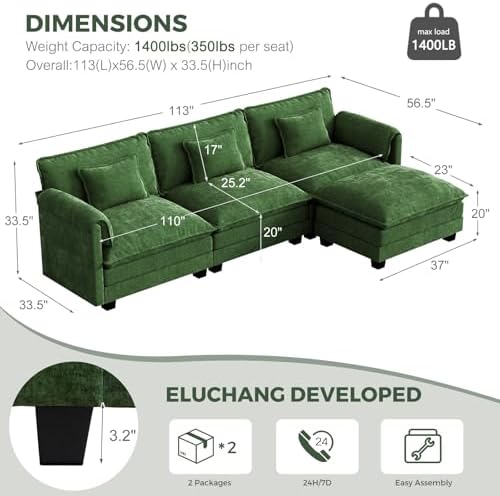 ELUCHANG 113" Oversized Modular Sectional Sofa, Comfy Chenille Cloud Couch - Image 2