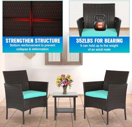 FDW 3-Piece Patio Furniture Set | Brown & Blue | Outdoor Wicker Furniture - Image 6