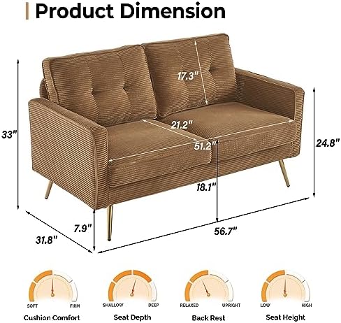 VINGLI 56" Modern Khaki Loveseat, Small Corduroy Sofa Couch Deep Seat - Image 3