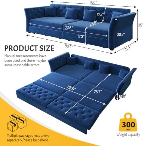 Sleeper Sofa Bed 100", Velvet Pull Out Couch, Flower Tufted Sofa - Image 2