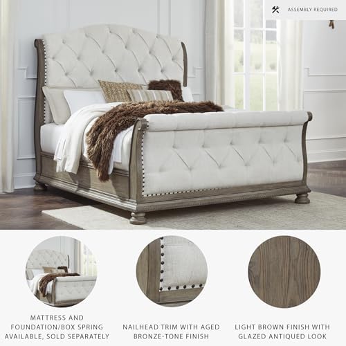 Signature Design by Ashley Queen Upholstered Sleigh Bed Frame, Light Brown - Image 4