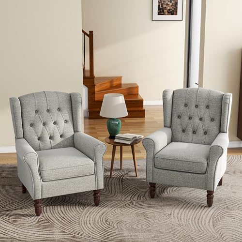 High Back Accent Chairs Set of 2, Light Gray Fabric Wingback Armchair - Image 3