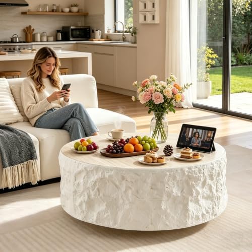35.43" Modern Round Travertine Coffee Table - Image 3