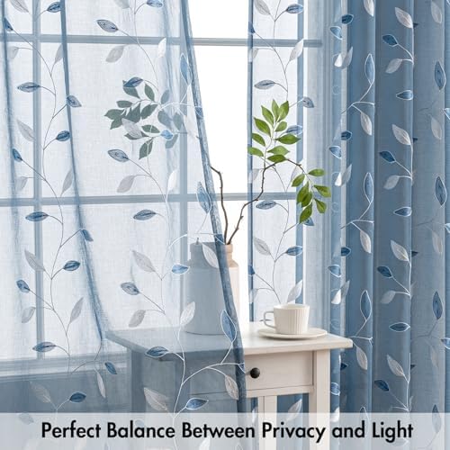 MIULEE Stone Blue Sheer Curtains 2 Panels Leaf Patterned, W52 x L63 - Image 5