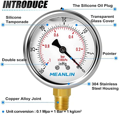 MEANLIN MEASURE -30inHG~0Psi Stainless Steel 1/4" NPT 2.5" FACE DIAL Vacuum - Image 4