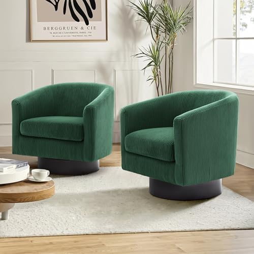 Pia Ricco Set of 2 Corduroy 360° Swivel Barrel Accent Chair Dark Green by PiaRicco