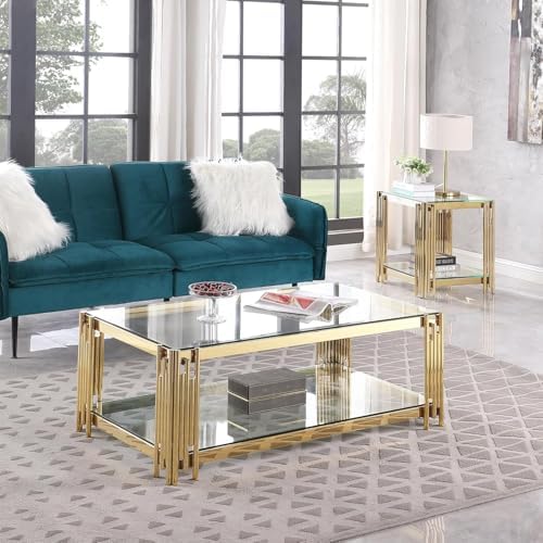 3 Piece Living Room Table Set, Rectangular Tempered Glass Coffee Table and End - Image 2