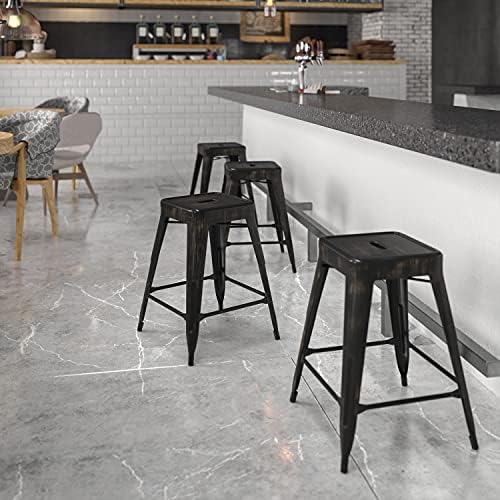 Flash Furniture Kai Commercial Grade 24" High Backless Black-Antique Gold Metal - Image 2
