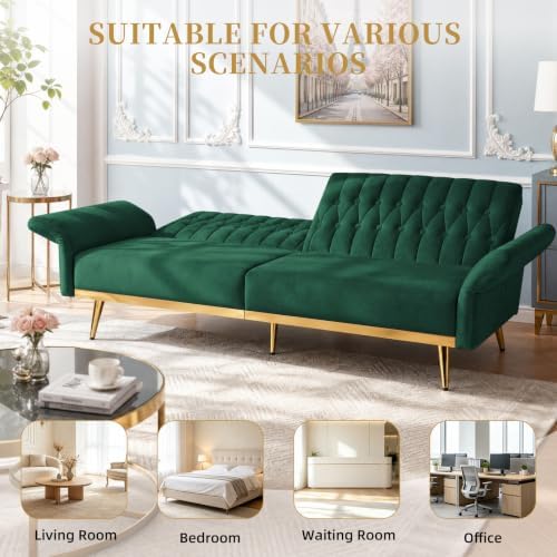 70” Velvet Futon Sofa Bed w/Adjustable Armrests - Image 5