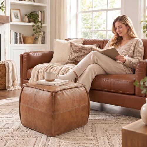 Leather Square Ottoman, Pouf for Living Room - Image 3