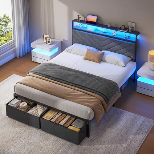 Fluest Full Bed Frame with 2 Drawers, Upholstered Headboard with Storage and - Image 3
