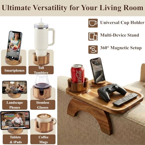 Couch Armrest Table, Acacia Wood Sofa Arm Tray - Image 6